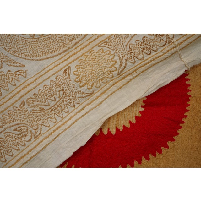 Uzbek Suzani Textile, Square Red and Camel Table Cover in Red Tones 4'2'' X 4'9'' For Sale - Image 13 of 16