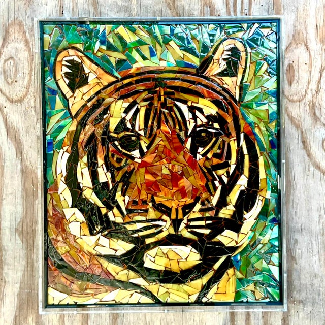 Contemporary Vintage Glass Mosaic of Tiger in Lucite Box Wall Sculpture For Sale - Image 3 of 10