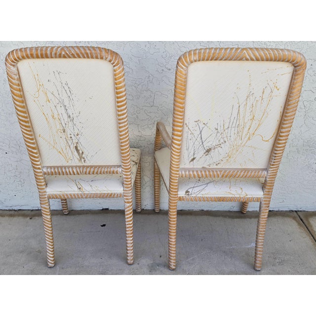 1980s Coastal Carved Faux Rope Solid Wood Dining Chairs Abstract Upholstery Set of 6 For Sale - Image 5 of 18