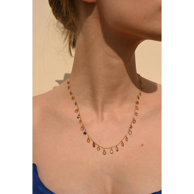 Multi Color 18k Yellow Gold Dangling Multi Sapphire Chain Necklace For Sale In New York - Image 6 of 12