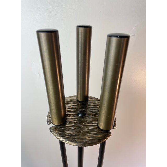 Mid-Century Modern Mid-Century Modern Black Iron & Brass Fireplace Tool Set With Stand For Sale - Image 3 of 8
