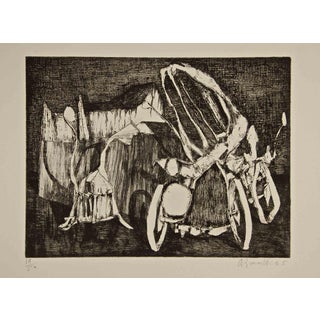 Armando Buratti, Clunker and Old Houses, Etching, 1965 For Sale