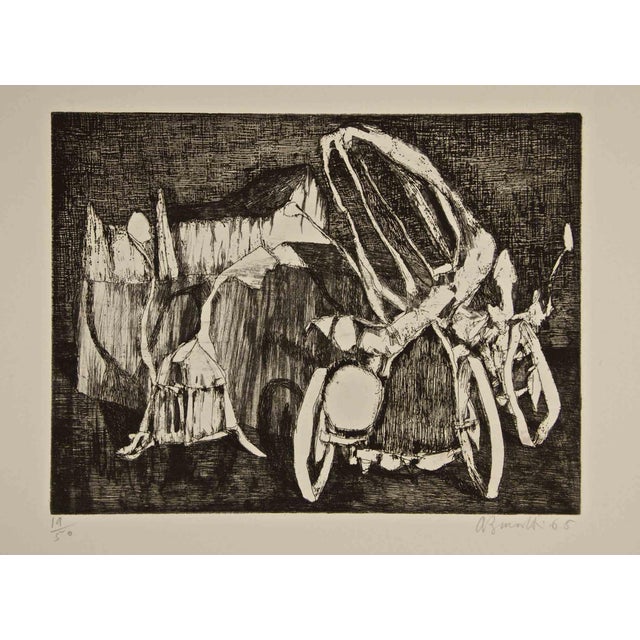 Armando Buratti, Clunker and Old Houses, Etching, 1965 For Sale