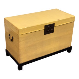 Chinese Lift-Top Yellow Leather Trunk, Vintage For Sale