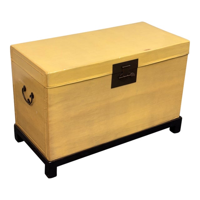 Chinese Lift-Top Yellow Leather Trunk, Vintage For Sale