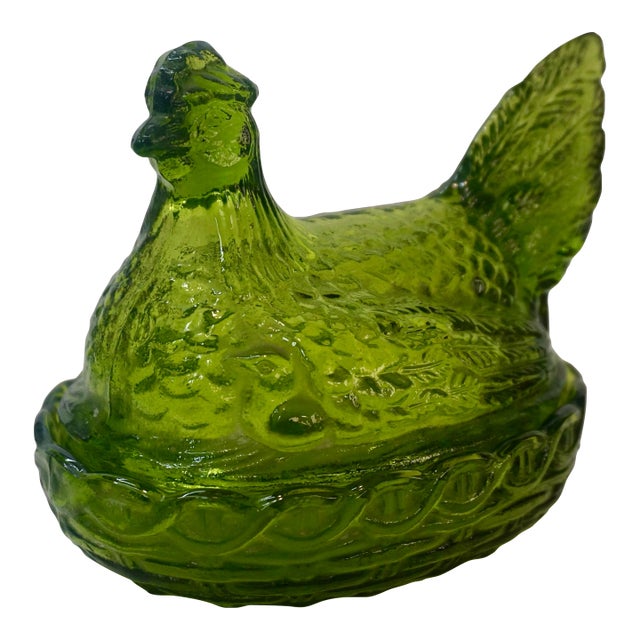Vintage Mid-Century Modern Olive Green Glass Hen on Nest - 2 Pieces For Sale