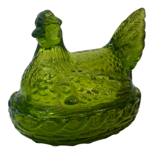 Vintage Mid-Century Modern Olive Green Glass Hen on Nest - 2 Pieces