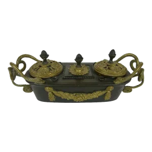 Mid 19th Century Inkwell . English Regency Bronze & Ormolu Inkwell . Serpent Handles - Classical Bath Shape