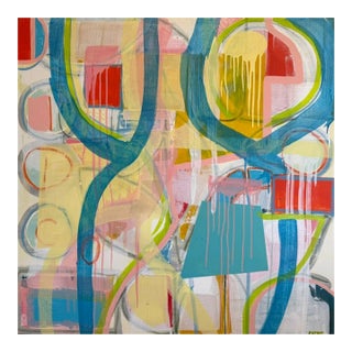 Large Contemporary Abstract Acrylic Painting – Teal, Coral & Yellow Drip Expressionism For Sale