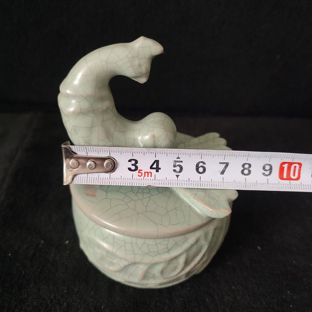 Chinese Ceramic Cenaer,Guan Ware Crackle Glaze Celadon Porcelain Incense Burner Hand Carved Phoenix Pattern For Sale - Image 10 of 10
