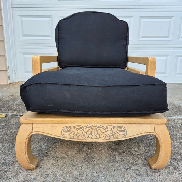 This is a stylish vintage Asian style lounge chair by American furniture maker Schnadig. The arm chair features solid wood...