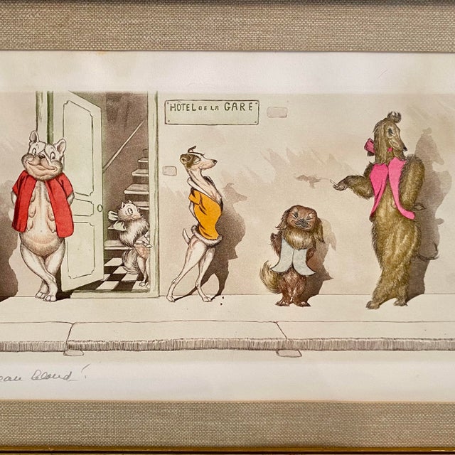 Depicts a group of dogs outside a Hotel de la Gare. Translation, "Are you coming handsome blonde?". Original gold tone...
