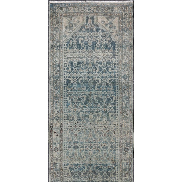 Textile Antique Malayer Persian Long Runner in Blue's With All-Over Design 3'8 X 17'4 For Sale - Image 7 of 14