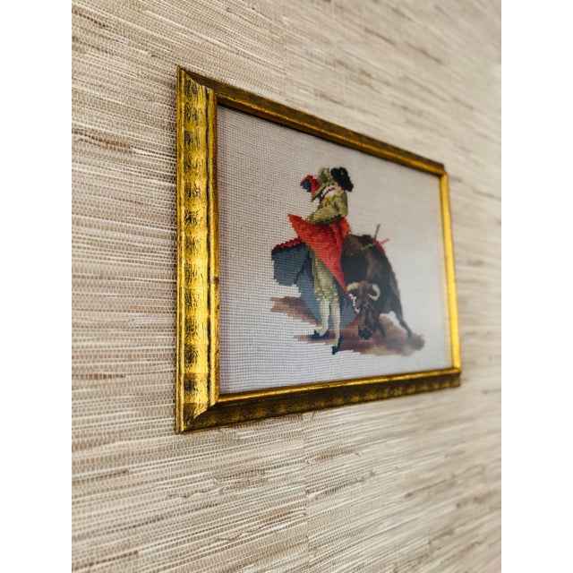 Red Vintage Pair of Framed Bull Fighting Matador Needlepoints- Needlepoint Matadors For Sale - Image 8 of 8