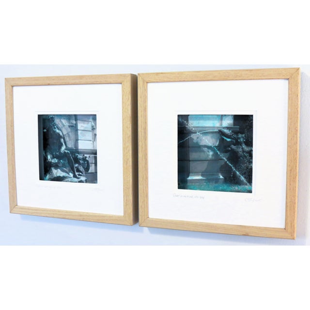 A pair (diptych) of original hand-colored aqua tint in verdigris blue green, black and white photography. Images of the...