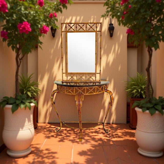 Vintage Burnt Faux Tortoise Bamboo Console Table & Mirror Set – Palm Beach Chinoiserie Style, Set of 2 Pieces For Sale - Image 12 of 12