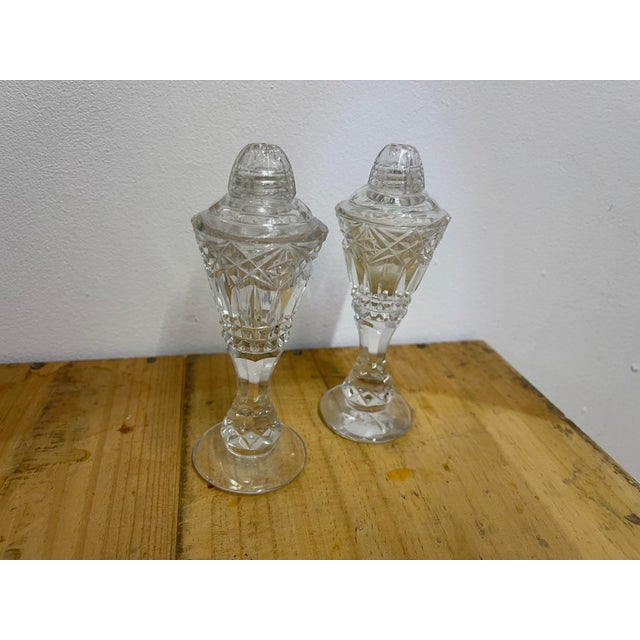 Vintage 5.25” Heavy Hand-Cut Lead Crystal Salt & Pepper Shakers- A Pair For Sale - Image 6 of 8