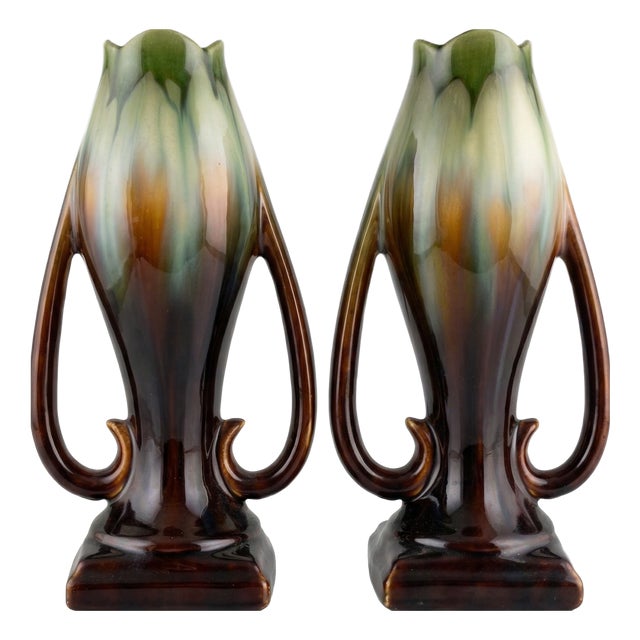 Art Deco Flame Glazed Vases from Faïencerie de Thulin, Belgium, 1940s, Set of 2 For Sale