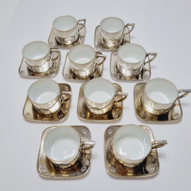 Art Deco Silver-Plated Argentor Tea Set with Karlsbad Porcelain Liners, 1930s, Set of 20 For Sale - Image 12 of 18