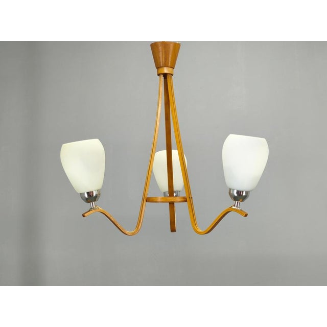 1970s Mid-Century Czech Wood and Glass Chandeliers by Dřevo Humpolec, 1970s, Set of 2 For Sale - Image 5 of 15