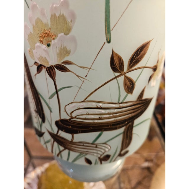 Victorian Beautiful Pair of Aesthetic Movemenr Hand Enameled Sea Mist Blue Blown Bristol Glass Vases Depicting Mirrored Bluebirds, Flowers and Grasses. - A Pair For Sale - Image 3 of 5