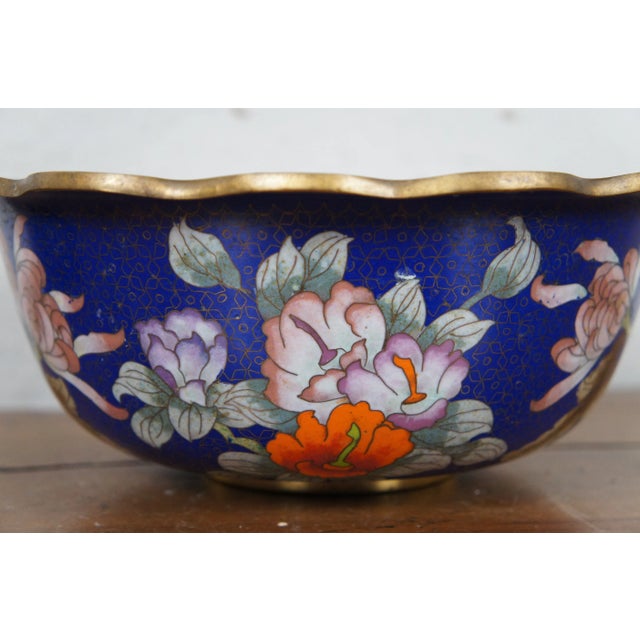 Blue Mid 20th Century Chinese Cloisonne Floral Chrysanthemum Butterfly Scalloped Centerpiece Bowl For Sale - Image 8 of 12