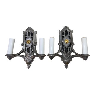 Pair of Antique Ornate 2-Arm Pewter Silver Gold Electric Wall Sconces Fixture For Sale