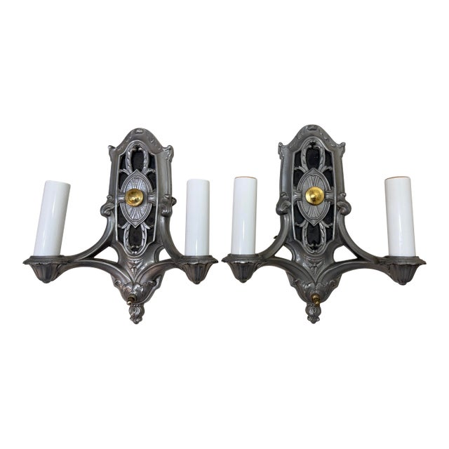 Pair of Antique Ornate 2-Arm Pewter Silver Gold Electric Wall Sconces Fixture For Sale
