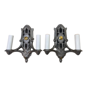 Pair of Antique Ornate 2-Arm Pewter Silver Gold Electric Wall Sconces Fixture