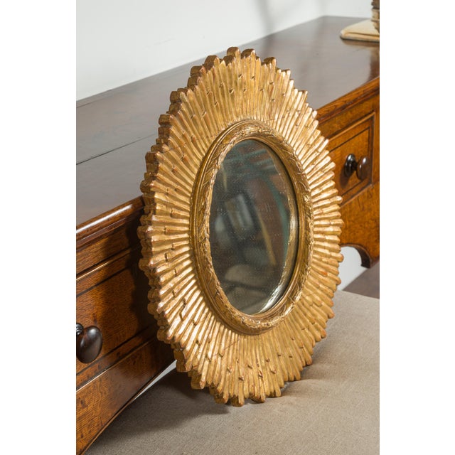French Midcentury Giltwood Sunburst Mirror with Radiating Rays and Carved Frame For Sale - Image 11 of 11