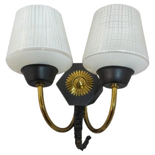 Mid-Century French Wall Sconce with 2-Light Original Glass and Brass, 1940s For Sale