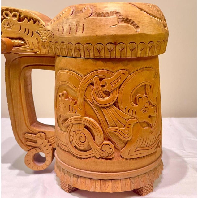Late 20th Century Large Vintage Norwegian Hand-Carved Wooden Viking Dragon Tankard With Lid For Sale - Image 5 of 10