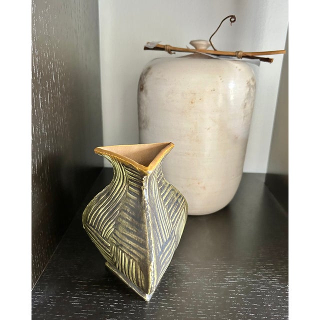 Gary DiPasquale, Postmodern Slip-Cast Stoneware Bud Vase, Geometric 3-Sided Flared Triangular - Olive Green For Sale - Image 10 of 11