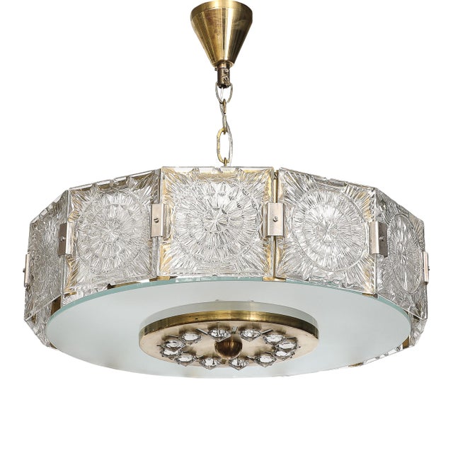 Mid-Century Modernist Pressed Glass Pendant Chandelier W/ Frosted Diffuser For Sale