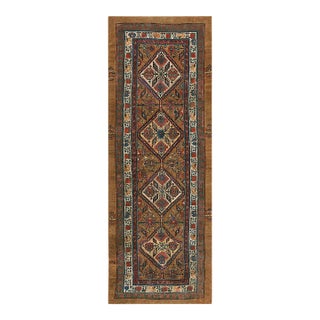 Incredible Tan Camel Background With Multicolor Diamond Medallions Patterns Antique Persian Serab Runner Rug For Sale