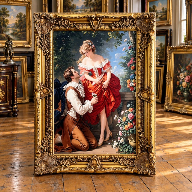 French Romantic European Couple Portrait – Ornate Gold Leaf Wood Frame With Elegant Lovers in a Garden For Sale - Image 3 of 3