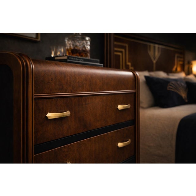 Black Early 20th Century Art Deco Waterfall Designer Accent Chest in Satin Walnut With Two-Tone Black Panels and Original Deco Brass Pulls For Sale - Image 8 of 11
