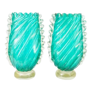 Large Turquoise Blue Murano Glass Mid-Century Modern Vases by Barovier E Toso, 1950s - a Pair