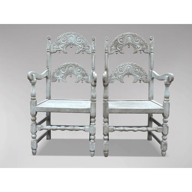 Antique Painted Carved Oak Derbyshire Dining Chairs, 1910, Set of 8 For Sale - Image 9 of 15