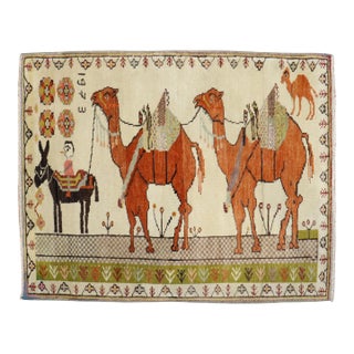 Late 20th Century Zabihi Collection Turkish Anatolian Animal Caravan Camel Small Square Rug - 3' x 4' For Sale