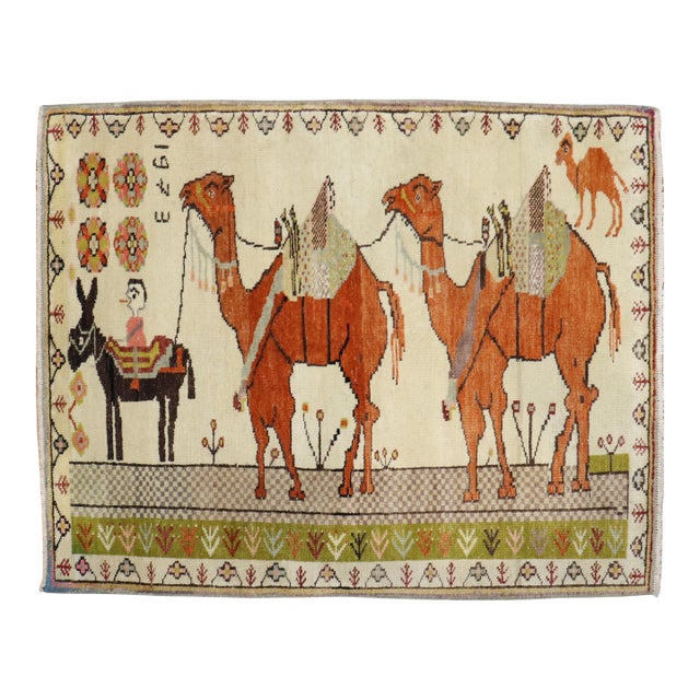 Late 20th Century Zabihi Collection Turkish Anatolian Animal Caravan Camel Small Square Rug - 3' x 4' For Sale