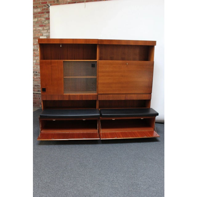 Mid-Century Modern Pair of Italian Free-Standing Wall Units in Walnut on Ebonized Plinth Bases For Sale - Image 3 of 13