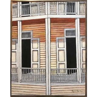 Rolando Aguilar, Guatemalan Latin American Oil Painting Modernist Porch Scene, 1979 For Sale