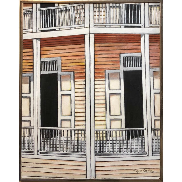 Rolando Aguilar, Guatemalan Latin American Oil Painting Modernist Porch Scene, 1979 For Sale