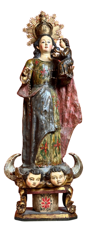 Virgin of Miraflores in Polychrome Maguey Wood with Child and Copper Crown, 1700s