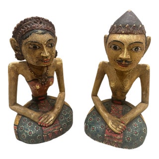 Large Vintage Indonesian Javanese Loro Blonyo Hand-Carved Polychrome Wood Bride & Groom Figures – Pair For Sale