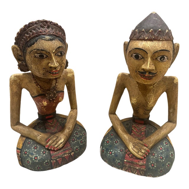 Large Vintage Indonesian Javanese Loro Blonyo Hand-Carved Polychrome Wood Bride & Groom Figures – Pair For Sale