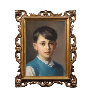 Piero Galanti, Portrait of a Boy, 20th Century, Crayon on Cardboard, Framed For Sale