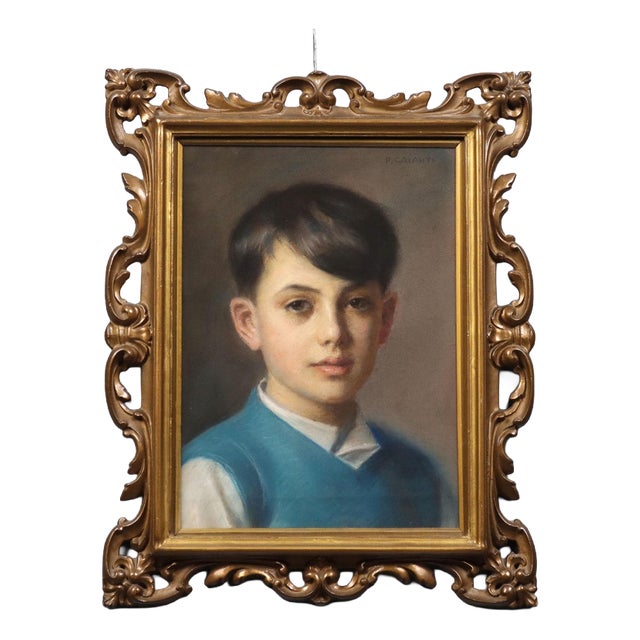 Piero Galanti, Portrait of a Boy, 20th Century, Crayon on Cardboard, Framed For Sale