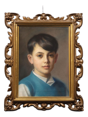 Piero Galanti, Portrait of a Boy, 20th Century, Crayon on Cardboard, Framed